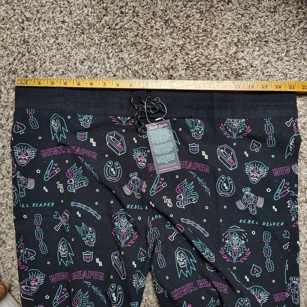 Rebel Reaper Boardshorts Swim Trunks Men 3XL Black Shorts Tattoo Print Biker NEW